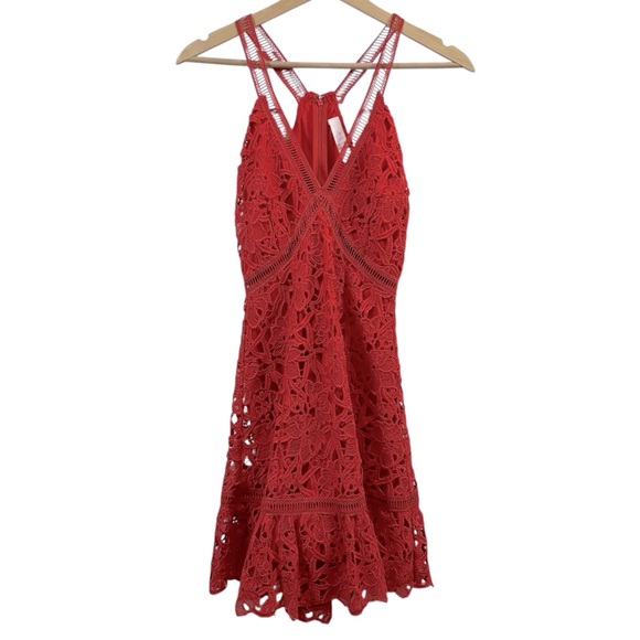 ASTR Red Orange Ladder Detail Crochet Lace Lined Sleeveless Mini Dress Womens XS - Picture 3 of 16
